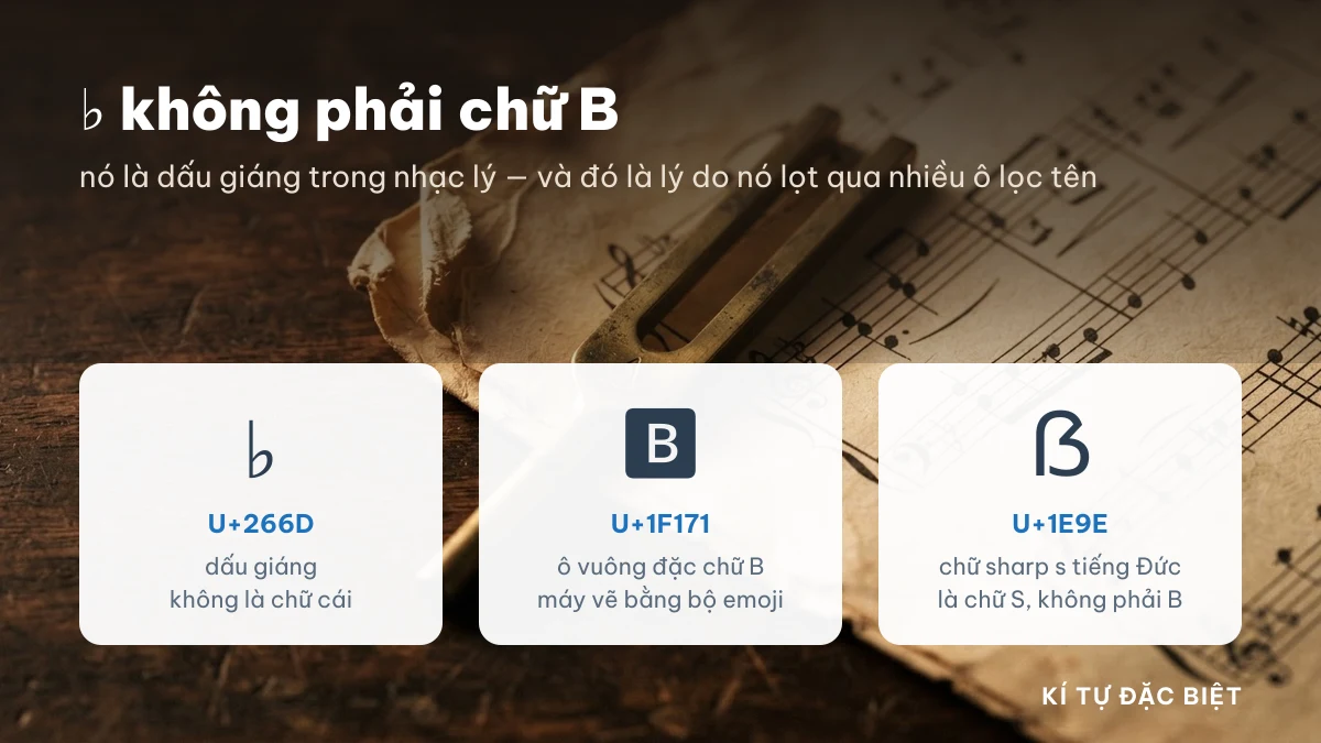 Kí hiệu chữ b ♭ U+266D khác 🅱 U+1F171 và ẞ U+1E9E thế nào