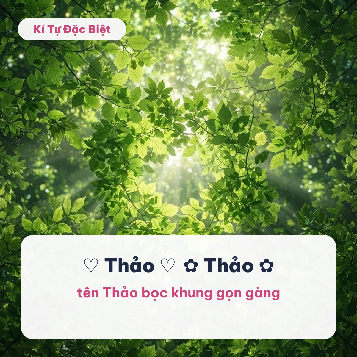 Nickname tên Thảo như ♡ Thảo ♡ và ✿ Thảo ✿ trên nền tán lá xanh có nắng xuyên qua